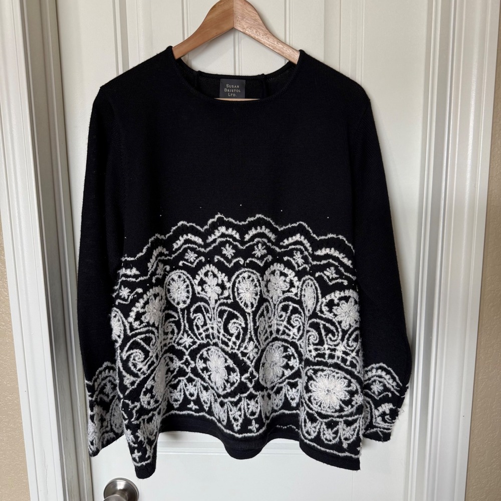 Susan Bristol Sweater Womens 2W Black Hand Embroidered Beaded Wool Blend - Picture 2 of 8